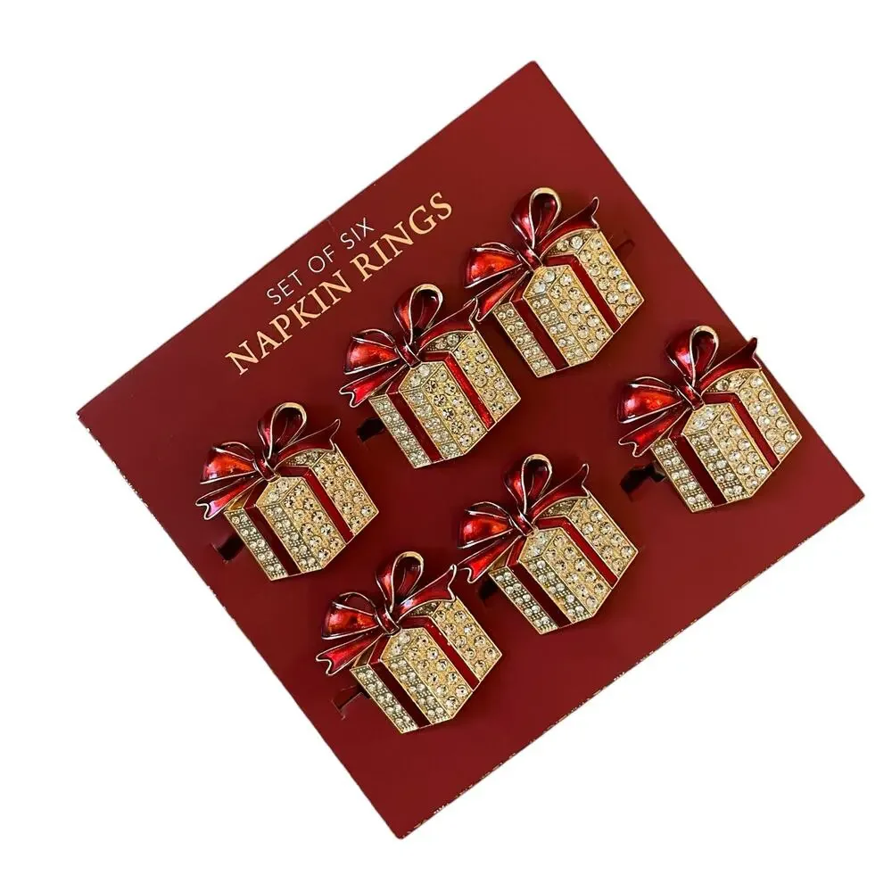 Envogue Rhinestone CHRISTMAS Present Napkin Rings Set of 6 Holiday Red Gold New